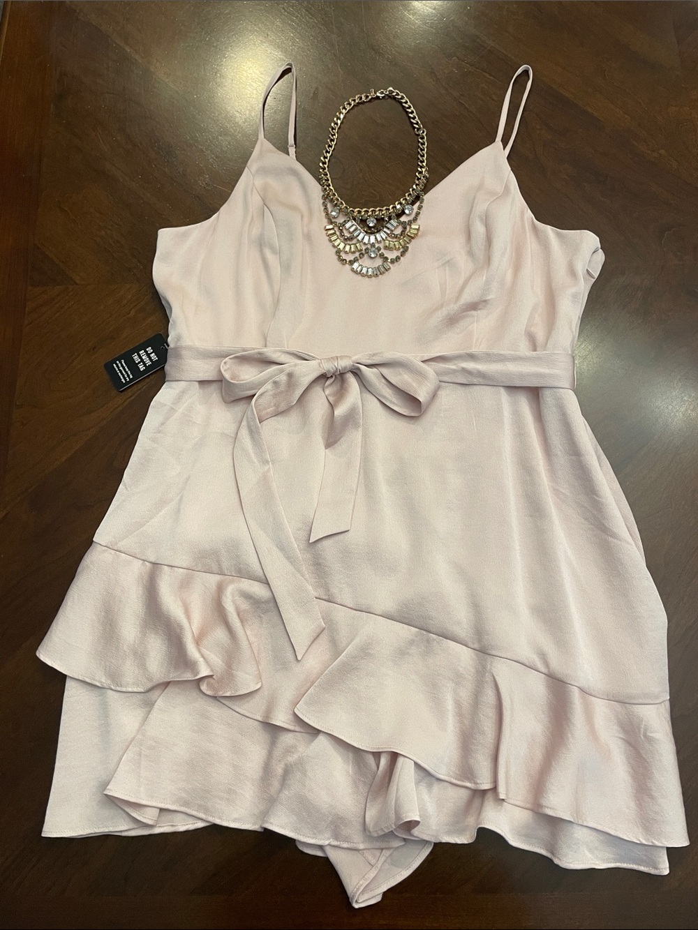 Express Champagne Ruffle Romper with Tie Waist
